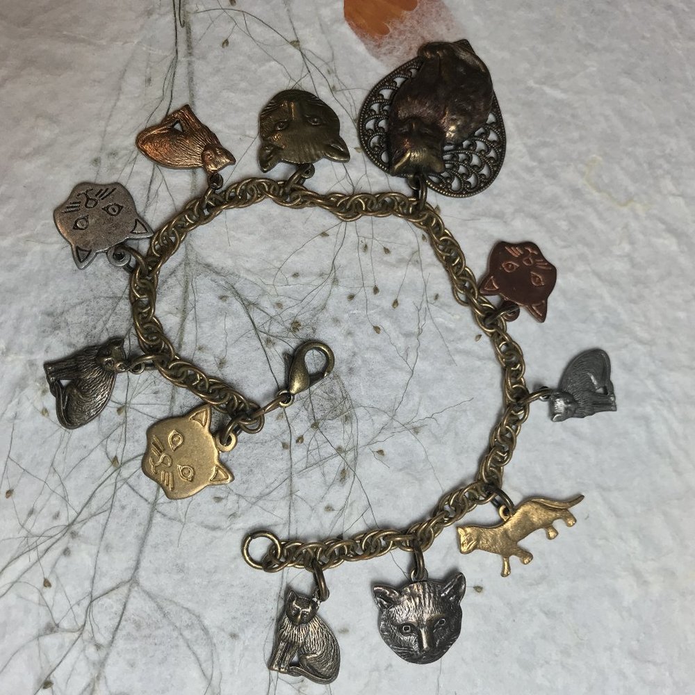 Cat Charm Bracelet Handmade Mixed Metals 7.5"